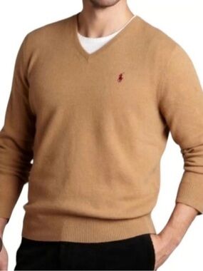Ralph Lauren Camel V-Neck Wool Sweater with Red Pony